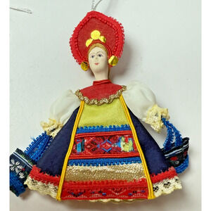 Vintage Hand Painted 5" Russian Girl Porcelain Face Red Kokoshnik Ornament Doll